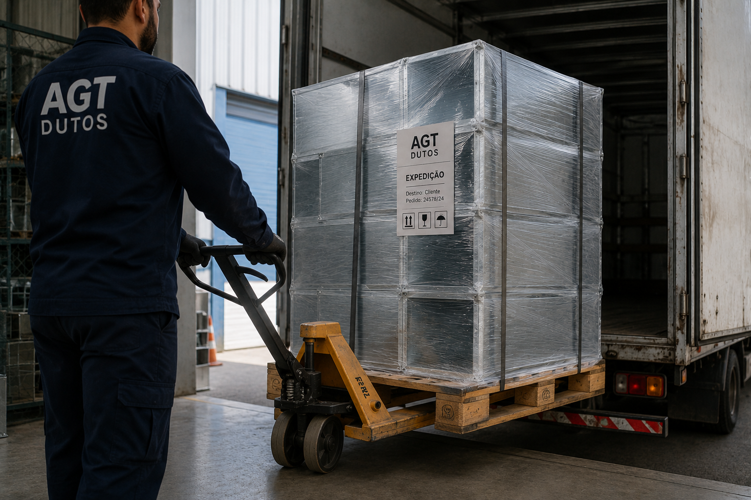 Imagem da expedição de dutos HVAC embalados para entrega