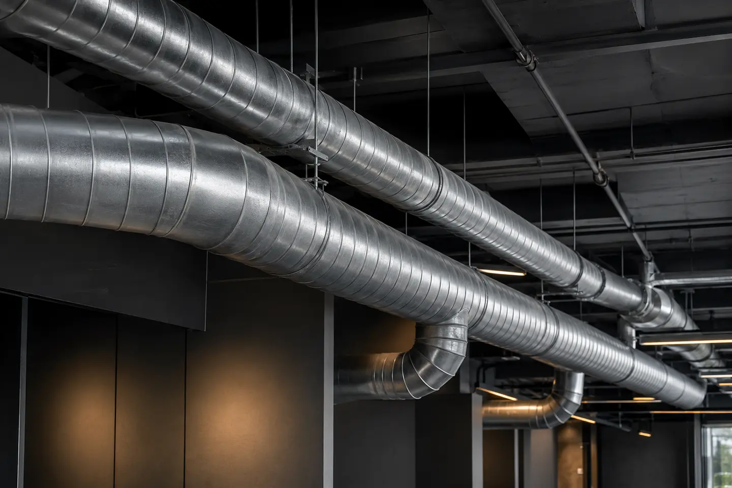 Representação ilustrativa de rede aparente de dutos circulares helicoidais em ambiente comercial