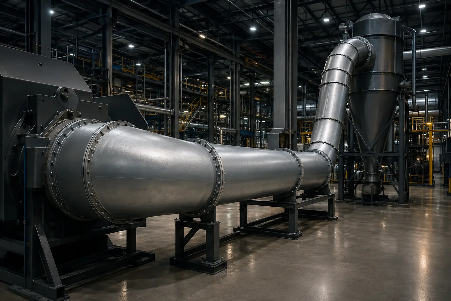Dutos circulares flangeados conectados a equipamentos de processo industrial