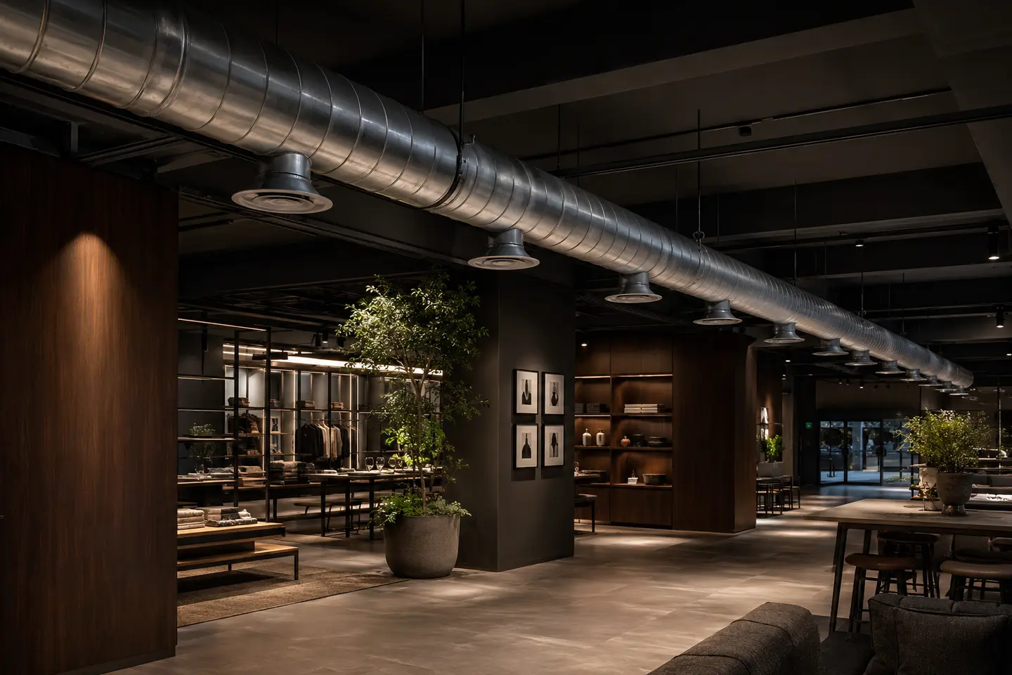 Dutos circulares aparentes integrados à arquitetura de ambiente comercial