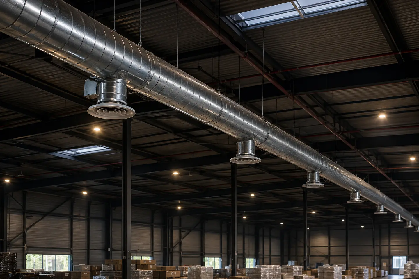 Rede de dutos circulares para ventilação de galpão industrial